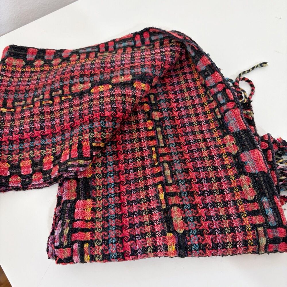 Muffy Young  Handwoven Handweaving Scarf in Black And Bright Colors Preowned - Picture 9 of 10